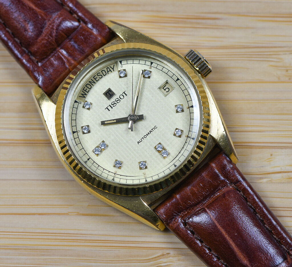 Vintage TISSOT Mens Presidential Gold Plated Linen Diamond Dial