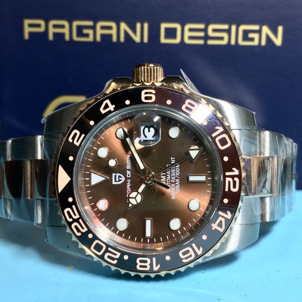 Design Beael PAGANI DESIGN 40MM GMT ROOT BEER DIVER BROWN BLACK CERAMIC BEZEL AUTO ...