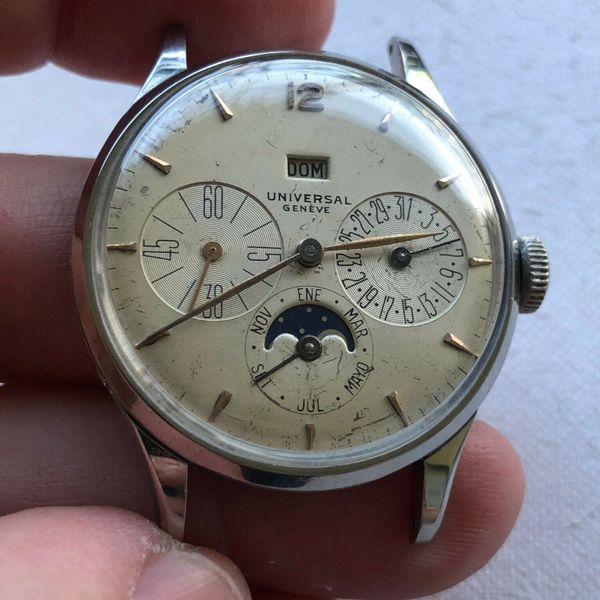 UNIVERSAL GENEVE TRIPLE DATE CALENDAR MOON PHASE VINTAGE WATCH CAL 291 ...