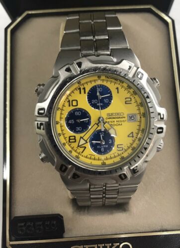 Mens SEIKO Chronograph 7T32 6K19 Yellow Dial Stainless Steel