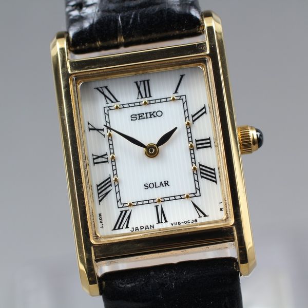 [Near MINT w/Box] SEIKO V115-0BD0 Tank Shape Gold 18mm Solar Women's ...