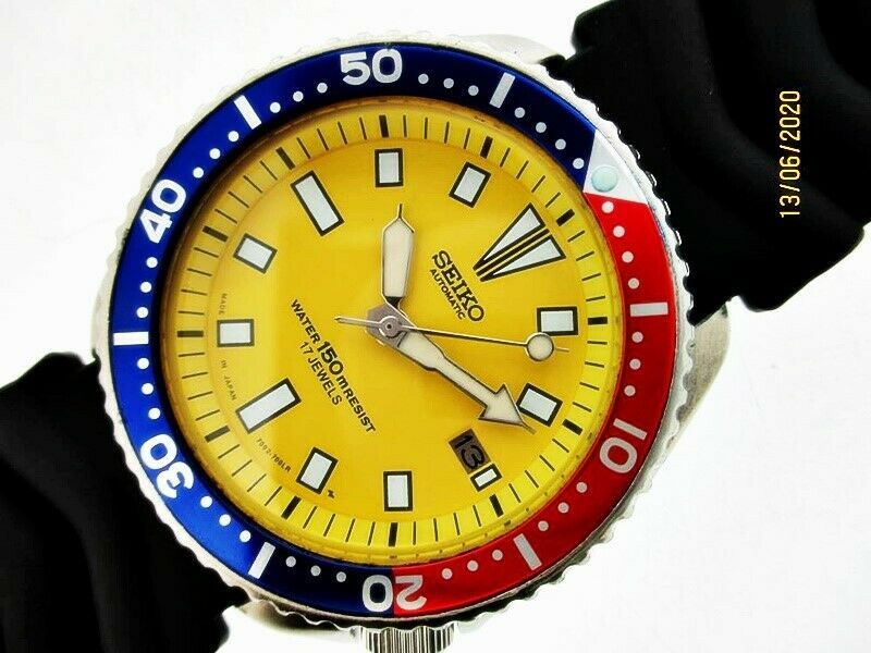 96' SEIKO 7002 7000 SS MENS DATE DIVE PEPSI SN #6n0363 YELLOW DIAL