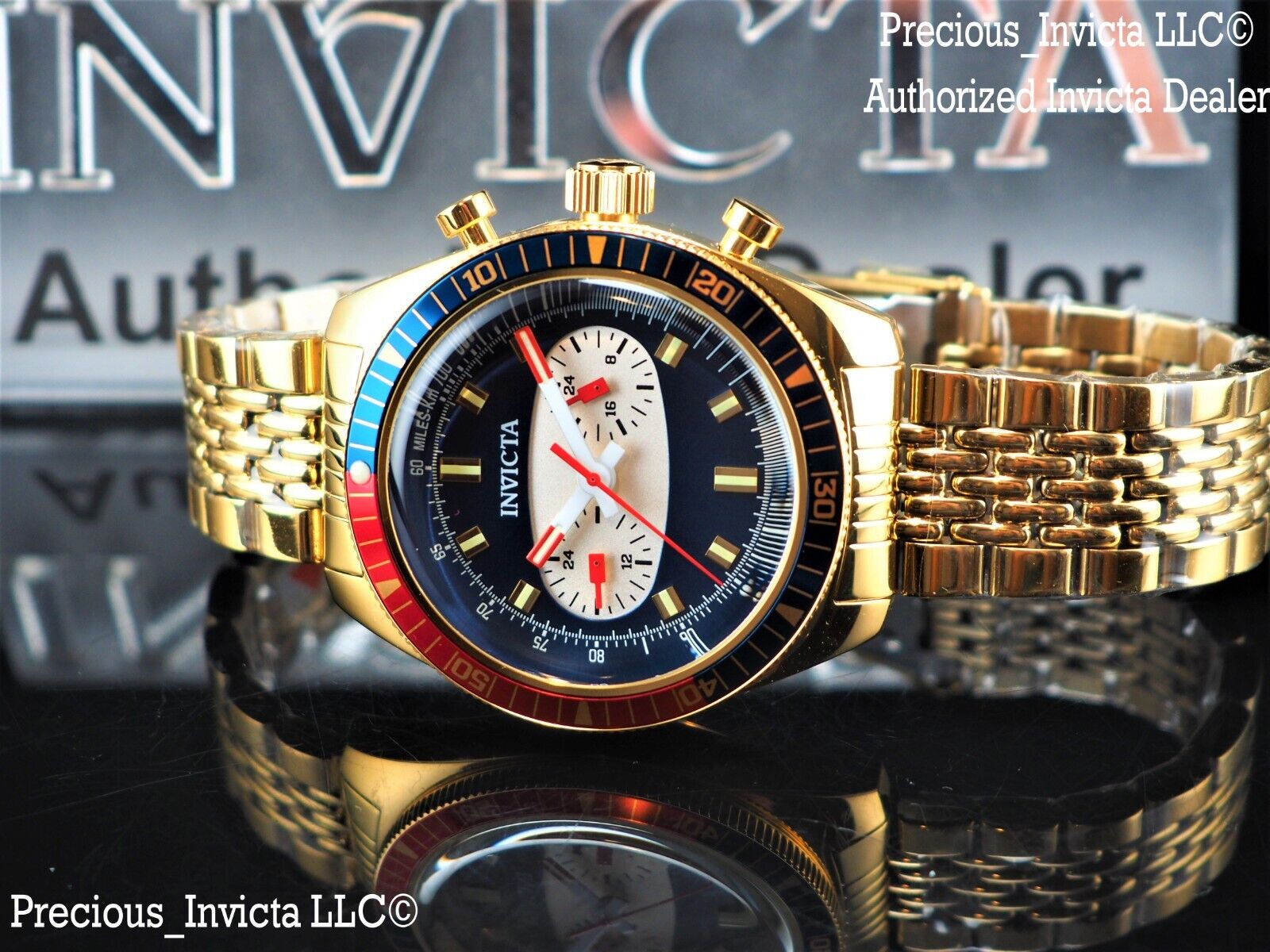 Invicta 43mm Homage MONACO Speedway Tri Time Red Blue Gold Tone