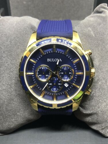 BULOVA Men s 97b193 Gold Tone Blue Rubber Strap Watch C32