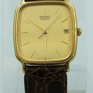 Seiko Quartz Watch Men's Date Gold Rectangle Brown Leather Strap Vintage |  WatchCharts