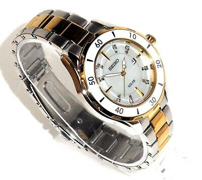 SEIKO SOLAR 395 WOMEN S DAZZLING DIAMONDS TWO TONE SS DRESS WATCH