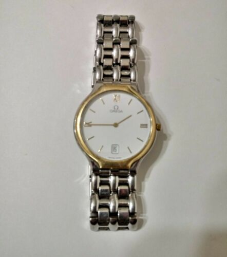 VTG OMEGA DEVILLE DATE QUARTZ WRISTWATCH 18K GOLD STAINLESS STEEL