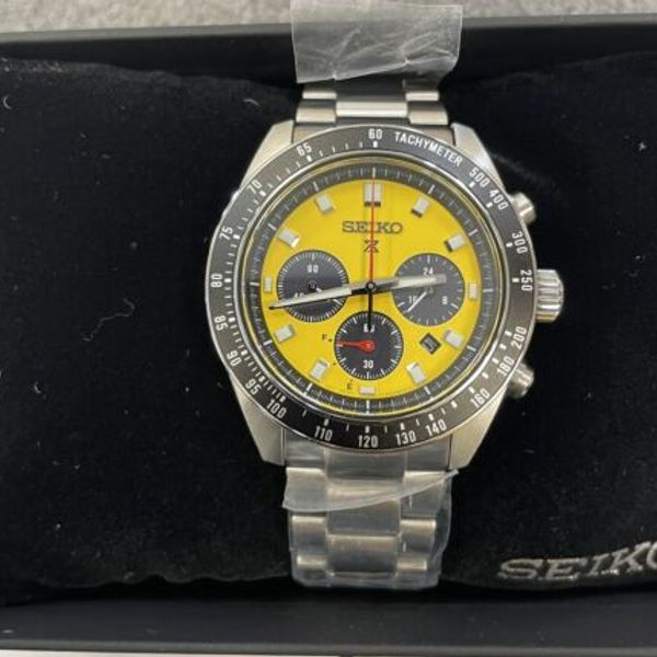 Seiko Prospex Speedtimer Solar Chronograph Yellow Dial Silver Steel Strap Watch for Men - SSC929
