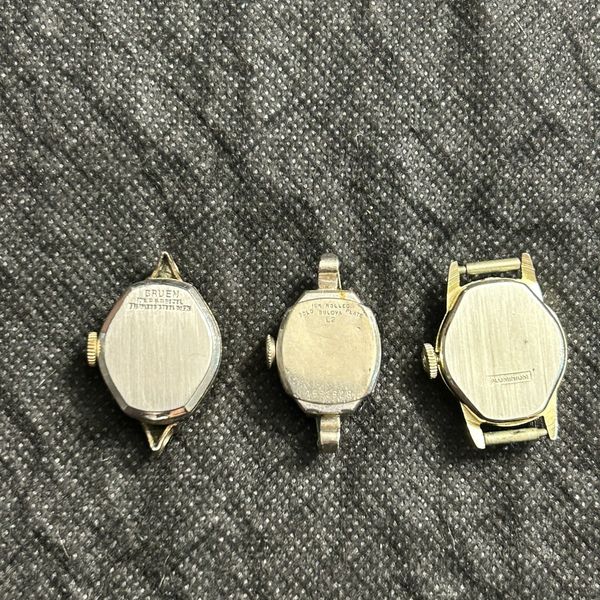 Three Vintage women Watch movements /cases- 10K gold RB Gruen, Bulova ...