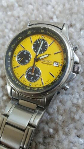 Rare Seiko 7T92 0BA0 Yellow Black Dial Chronograph Mens Watch