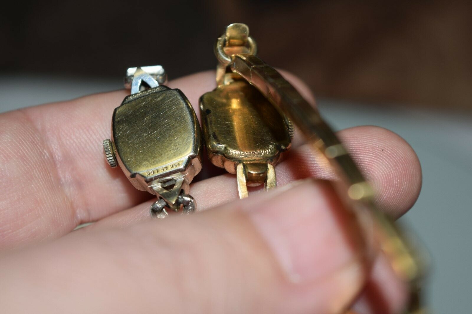 Vintage Lot (2) Woman Watches Hamilton 14k GF L&K + Elgin 