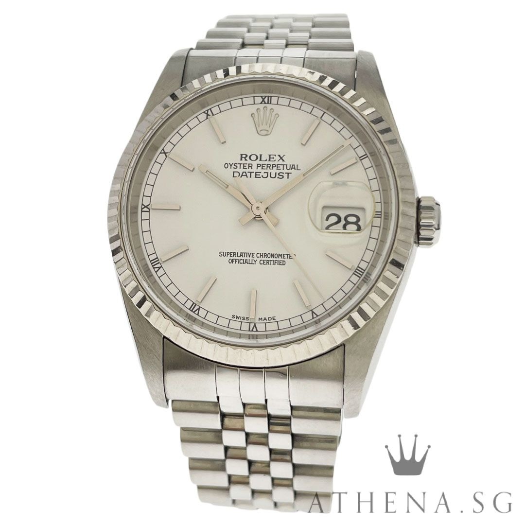 ROLEX MENS SIZE OYSTER PERPETUAL DATEJUST 36 WHITE INDEX DIAL