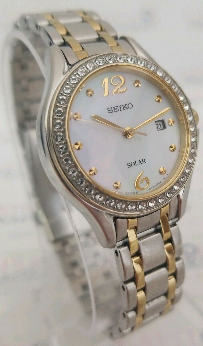 Seiko SUT312 Solar Women s Crystal MOP Dial Two Tone Bracelet