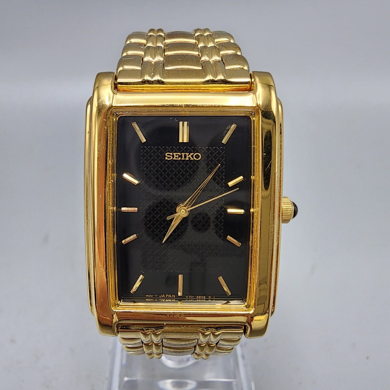 Seiko Watch Men Gold Tone Black Dial 26mm Rectangle V701 5E49 New