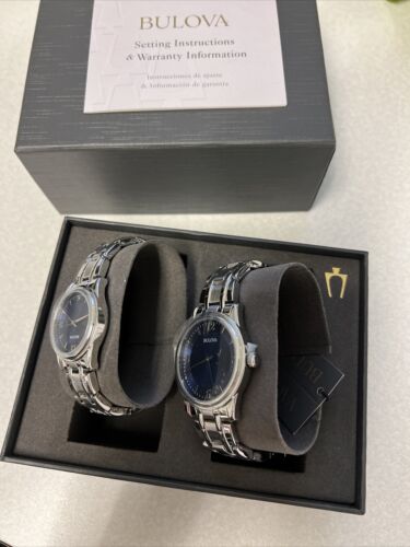 Bulova His Hers Blue Watch Set Stainless Steel 96X158 New In Box