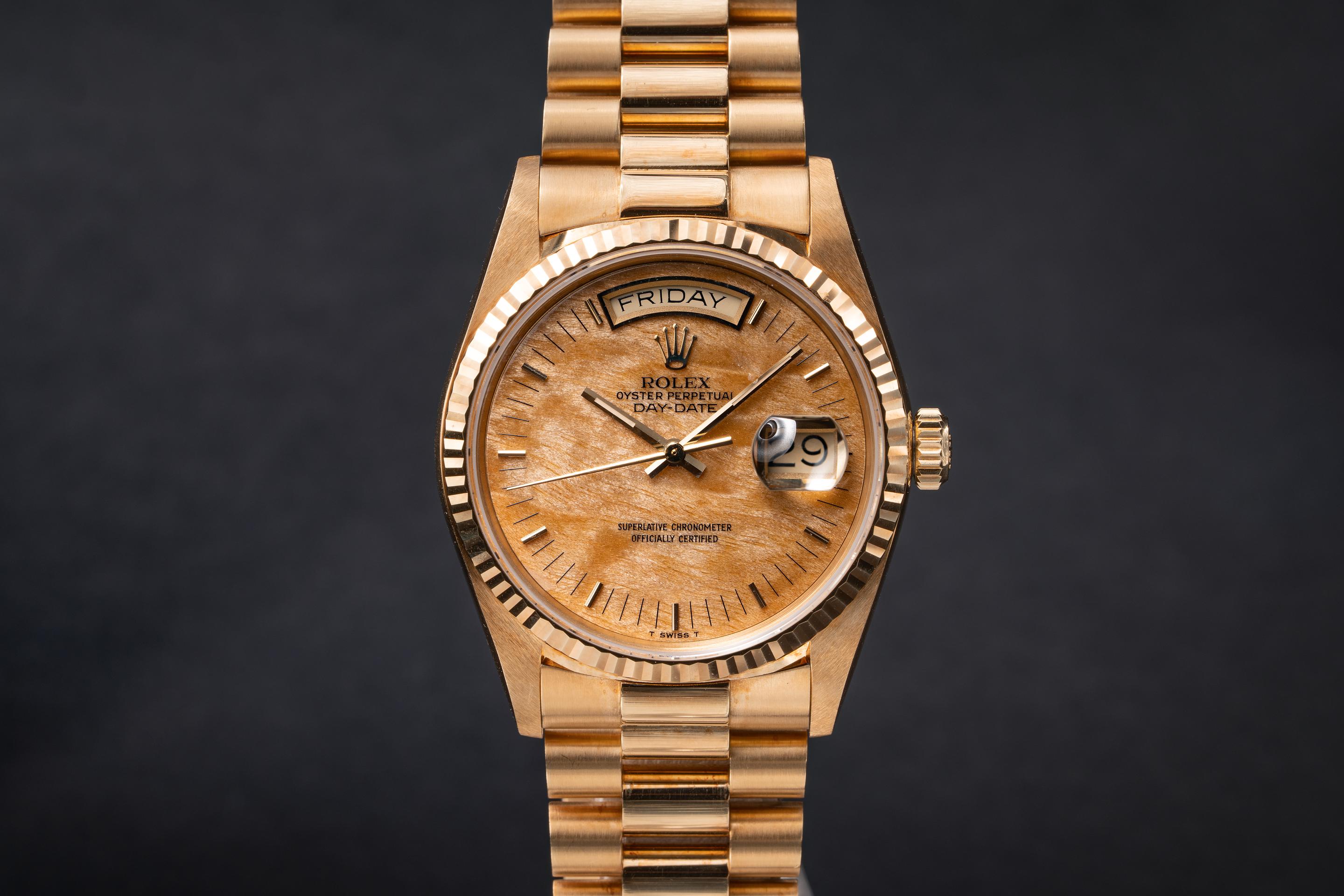 FS 1988 Rolex 18K YG Day Date 18038 Birch Burlwood Dial with Box