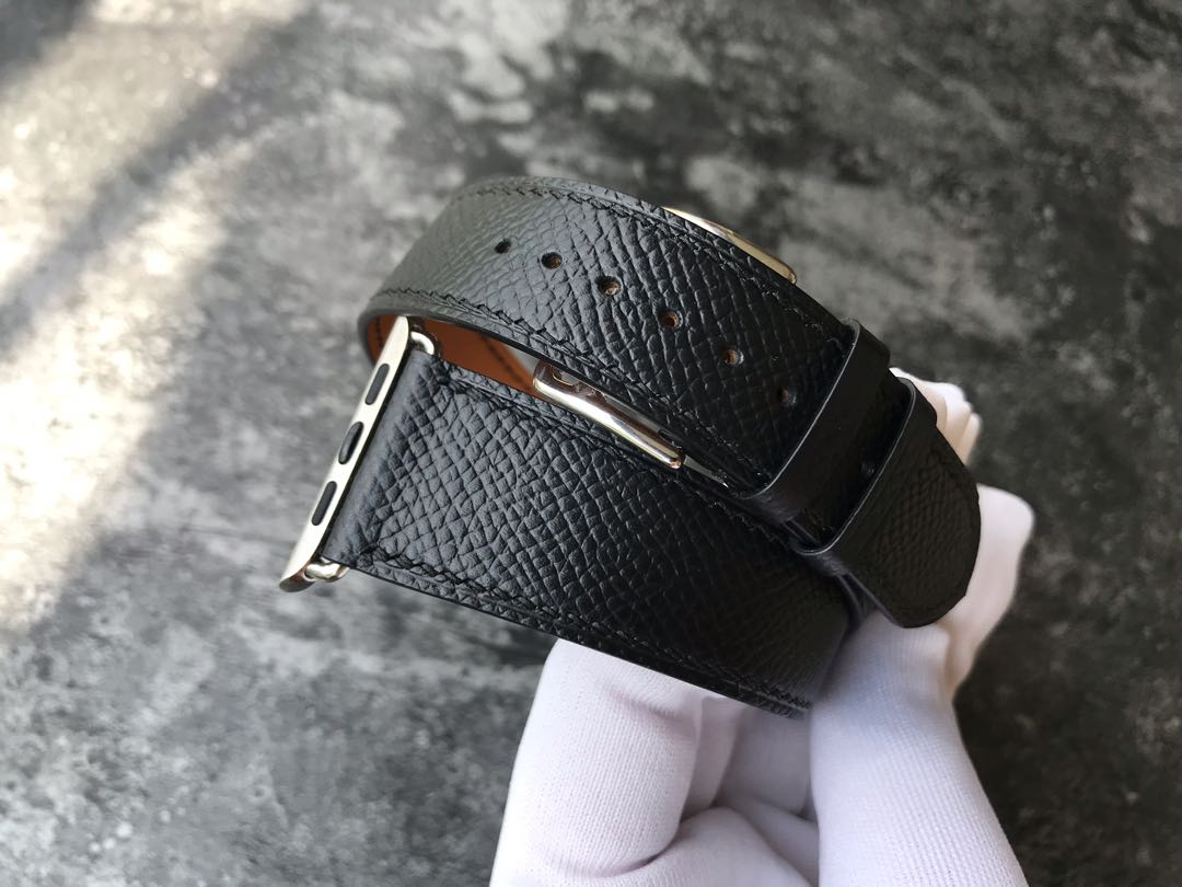 Black Epsom Leather Double Tour Apple Watch Band