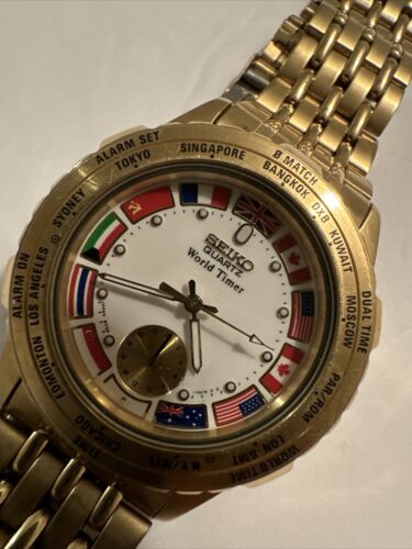 Vintage , GOLD, SEIKO QUARTZ WORLD TIMER, 8V22-7008, Mens