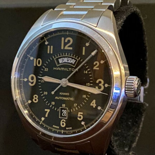 EXQUISITE HAMILTON 42mm KHAKI FIELD DAY DATE AUTOMATIC WATCH BOX SET ...