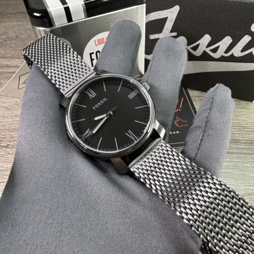 NEW✓ FOSSIL RHETT GUNMETAL GREY SMOKE BLACK MESH MILANESE MENS