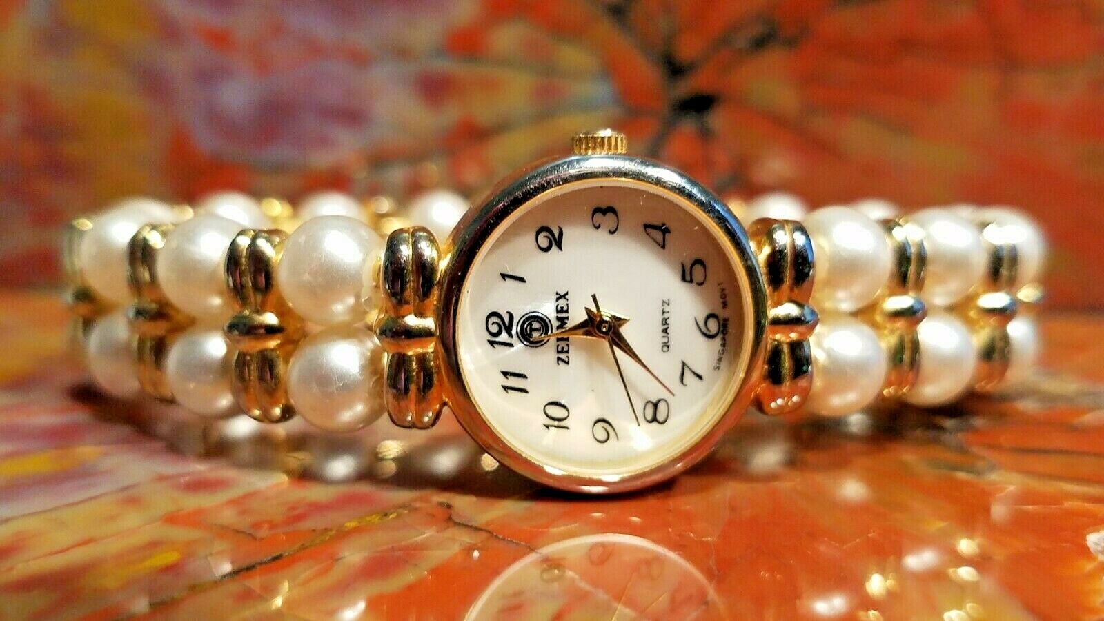 Light Gold Tone Zeemex Quartz Watch Pearl Bracelet Mother of