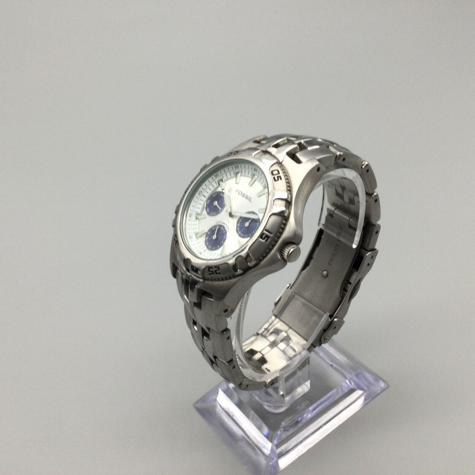 Fossil Blue Watch Unisex Silver Tone 38mm Day Date 100M New Battery 6.75 WatchCharts Marketplace