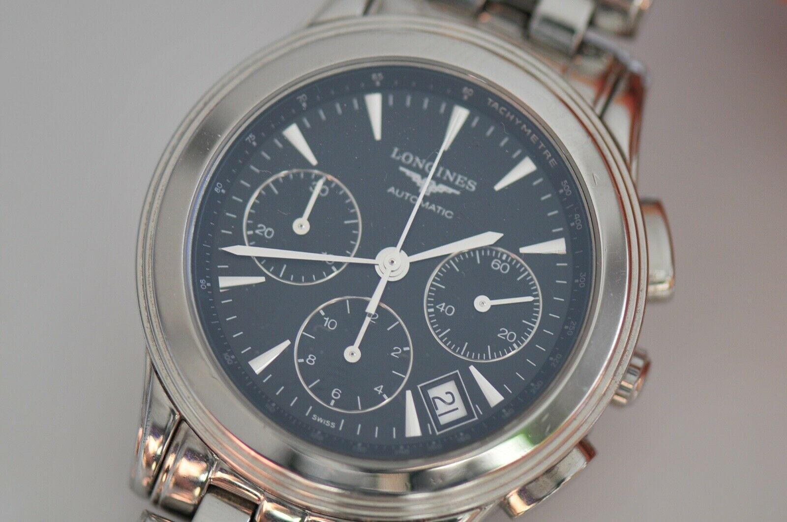 Longines automatic watch flagship chronograph with date black dial