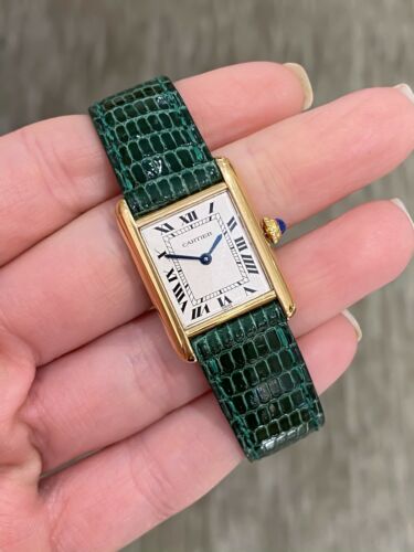 Small Louis Cartier Tank Green Leather Strap Quartz 18K Yellow