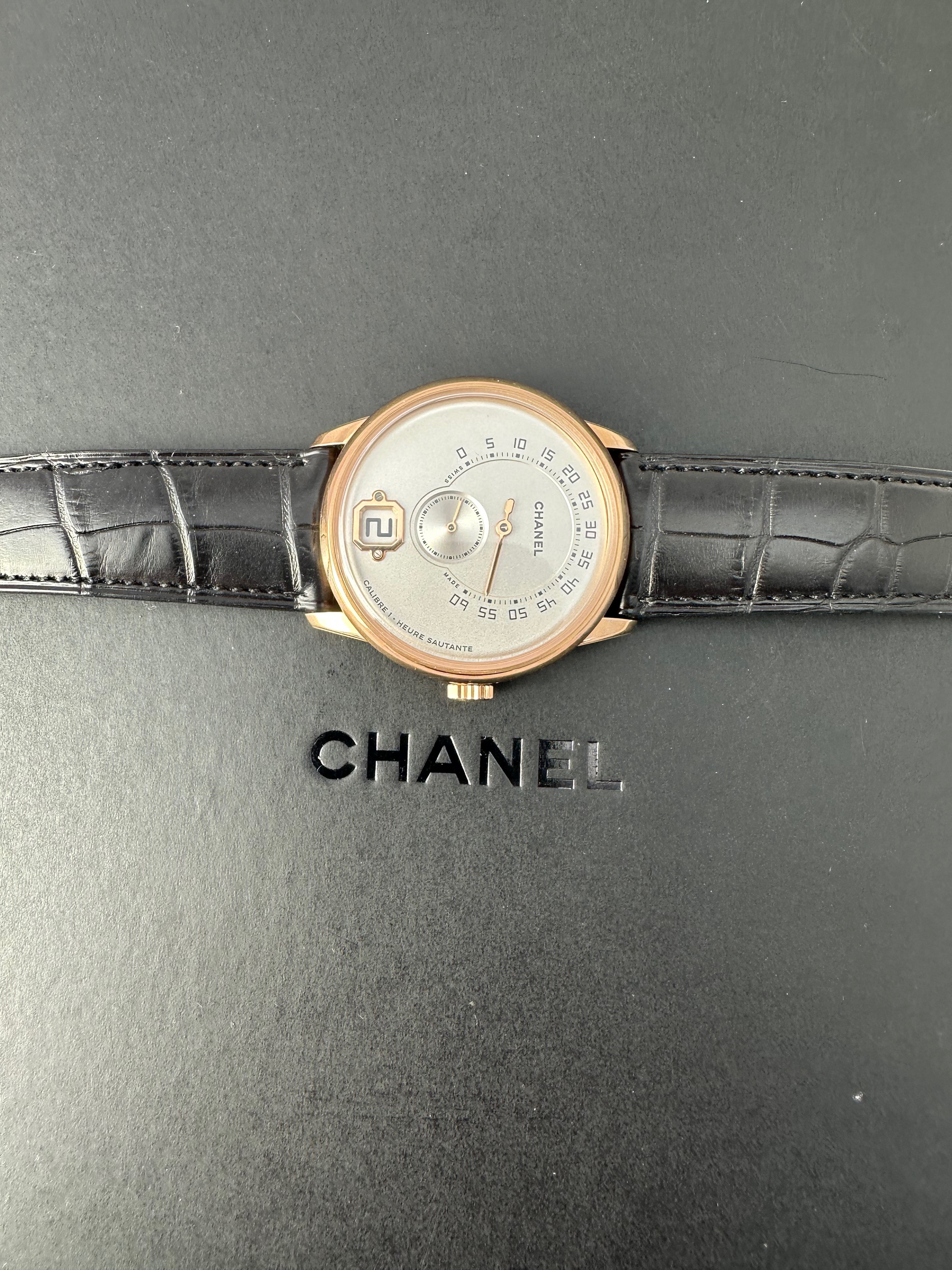 Chanel Monsieur Retrograde Jump Hour Beige Gold H4800 for $26,000 • Black  Tag Watches Pre-Owned