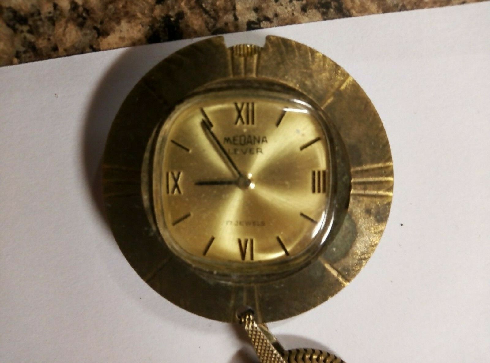 Vtg Medana Lever 17 Jewels Gold Tone Triangular Shield Pendant Watch Necklace Vintage Pendant Watch Ladies Ilona 1960 main image 2