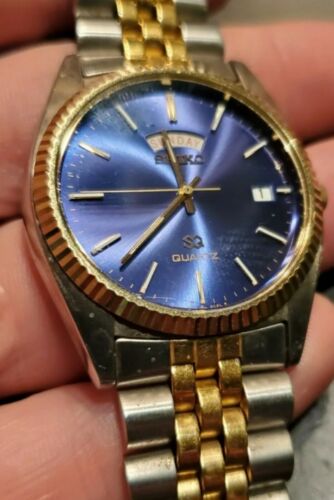 SEIKO 5Y23 8A69 PRESIDENT MEN S 2 TONE BLUE DIAL DAY