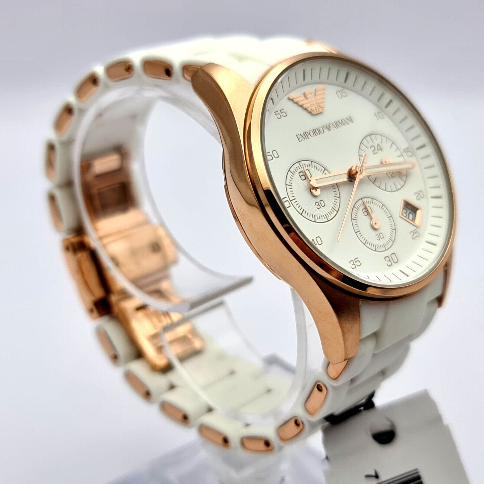 NEW AR5920 LUXURY EMPORIO ARMANI SILICONE ROSE GOLD WHITE DIAL