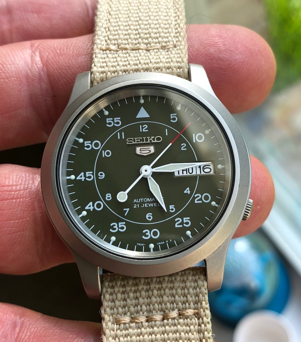 Price Drop Seiko SNK805 dark dial hamilton military green stock green beige canvas WatchCharts Marketplace