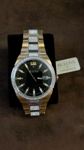 Bulova 98B235 Gold Tone Black Dial Crystal Accent Men s 50m Watch