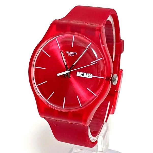 Swatch SUOR701 RED REBEL Gent Silicone Day Date 42mm Excellent w/ All ...
