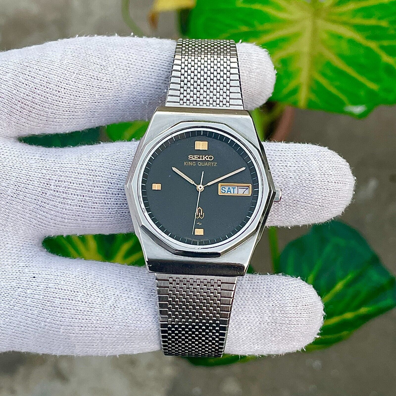 Vintage Seiko King Twin Quartz Octagon Black Textured Dial