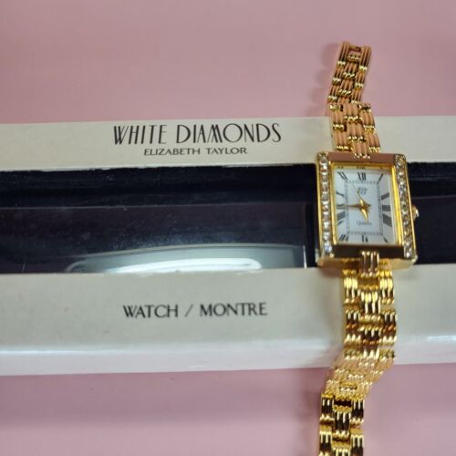 Elizabeth Taylor White Diamonds Gold Tone Rhinestone Watch Womens