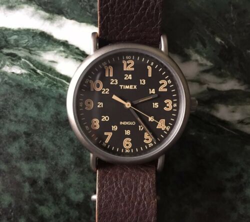 timex weekender black leather strap