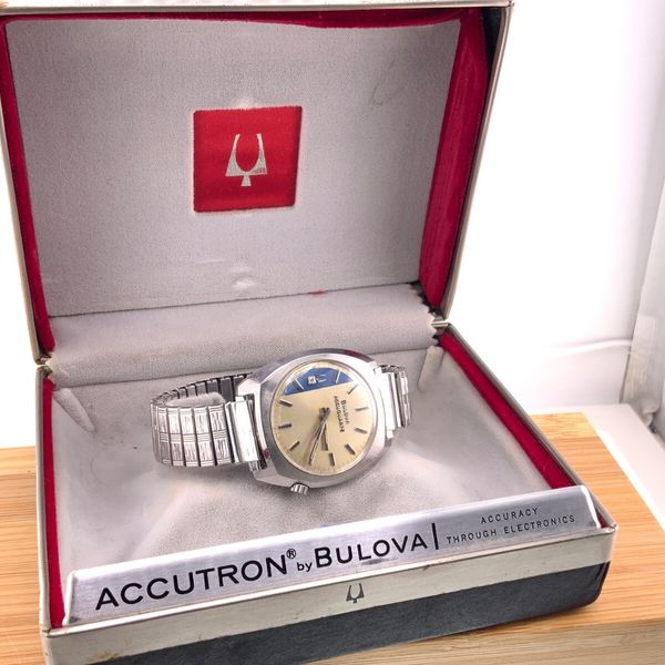 VTG 1972 Bulova Accutron Menâ s Watch Runs Great W/Box Blue Champagne