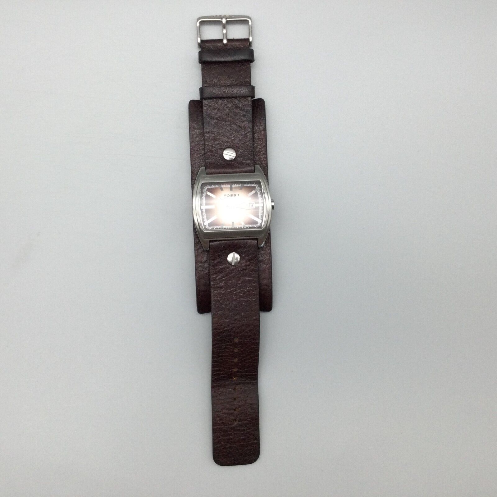 Fossil Brown Leather Cuff Watch Rectangular Dial Silver Tone Working Fossil Watch Men Silver Tone Rectangle Date Wide Leather  main image 4