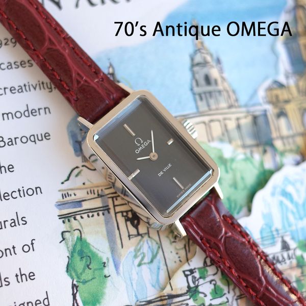 Omega 70's antique watch blue dial cut glass rectangular SS/GP new ...