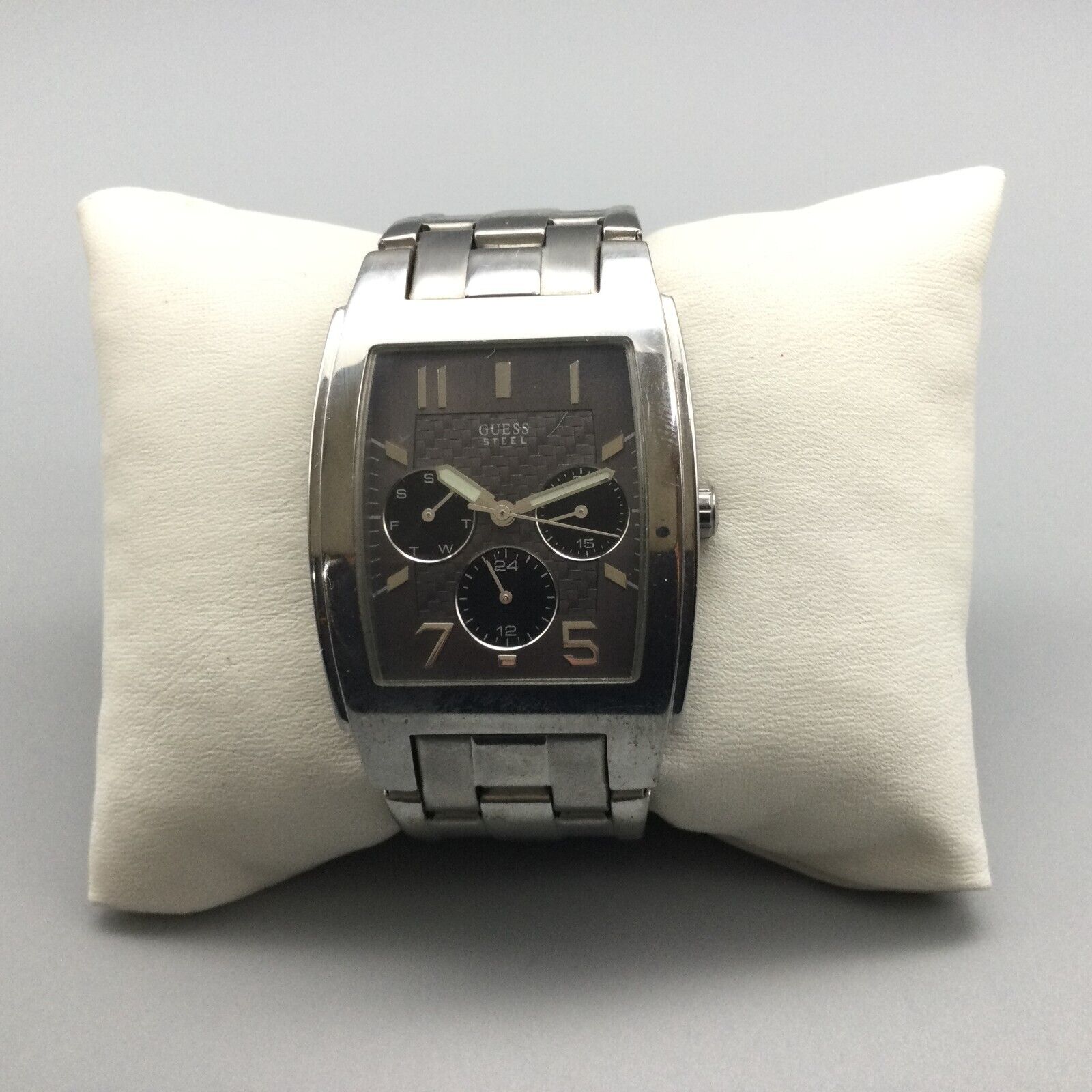 Guess Steel Watch Men Silver Tone Rectangle Dial Day Date 