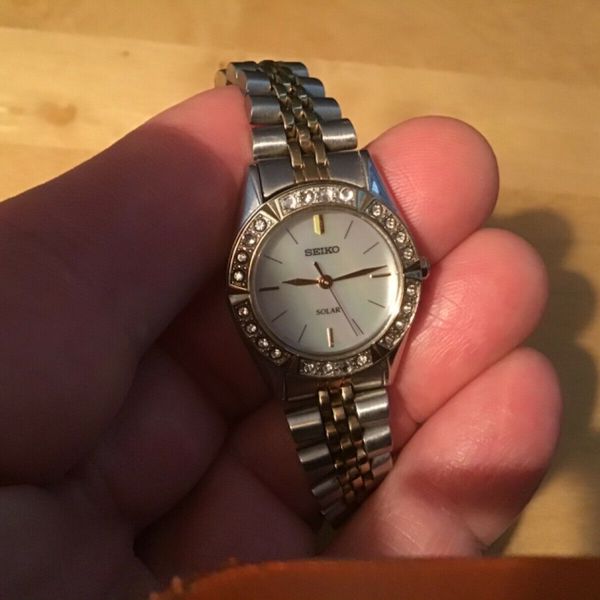 Women’s SEIKO SOLAR Wrist Watch V117OANO Two Tone Analog Rhinestones