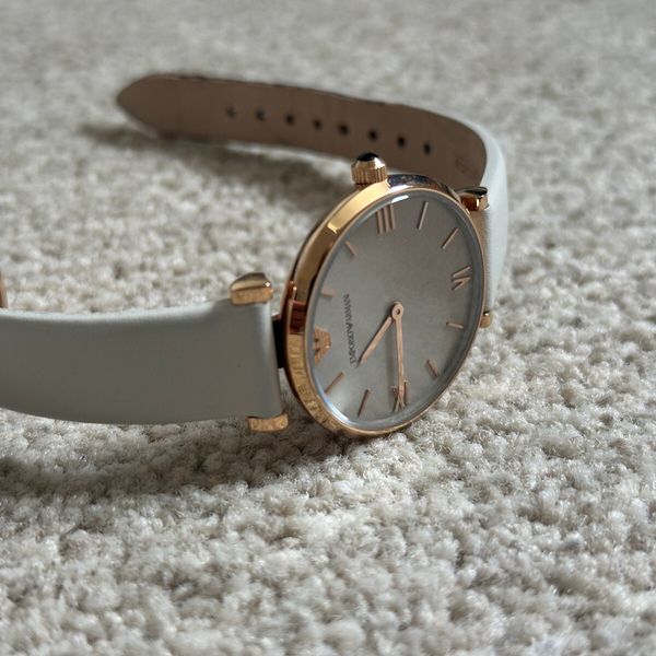 emporio armani ar1769 grey dial rose gold s/s cream leather ladies ...