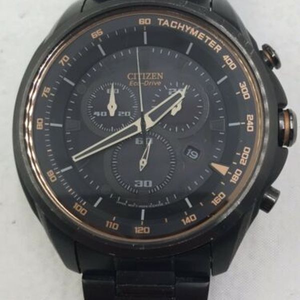 Mens Citizen EcoDrive Chronograph Black Stainless Steel Watch H504