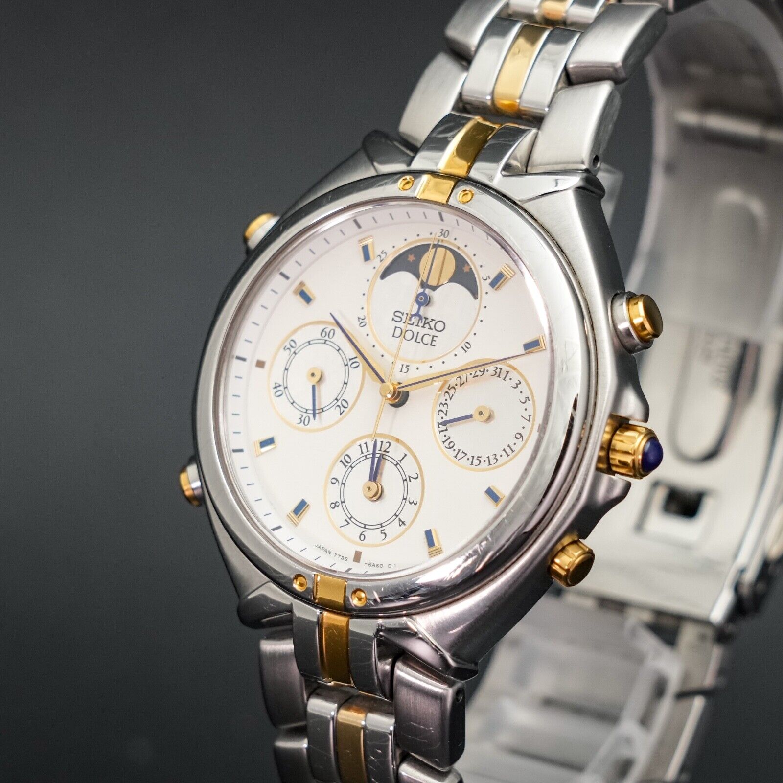 N-MINT] SEIKO DOLCE Moon Phase 7T36-6A90 Alarm Chronograph Vintage