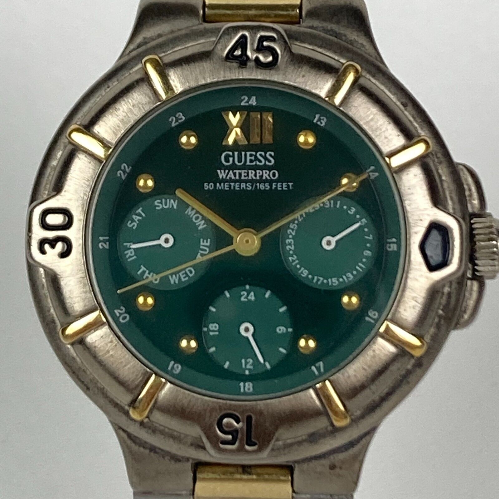 Guess. Vintage 1997 Waterpro  Watch  silver / Gold Tone 6 1/2 (New Battery ) Vintage Guess Watch Women Silver Gold Tone Date 1997 Indiglo  main image 2