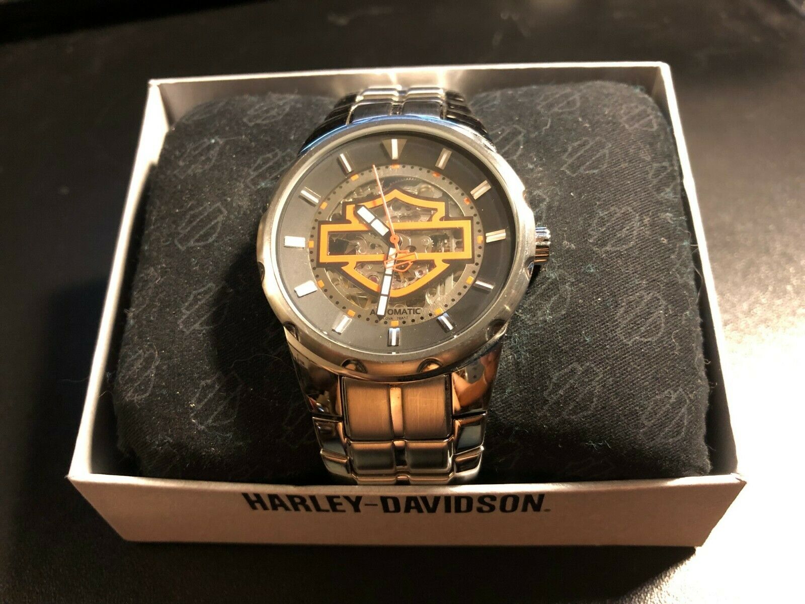 Harley Davidson Automatic Bulova Watch, Skeleton front, and