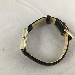 Seiko Women's Black Leather Strap Rectangular Gold Watch, Solar 