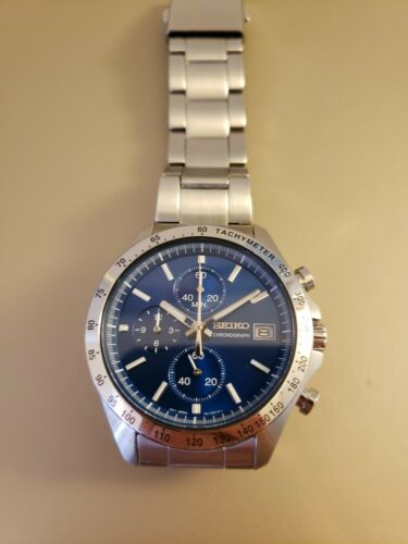 Seiko SBTR023 blue dial stainless steel 100m water resistant chronograph. |  WatchCharts